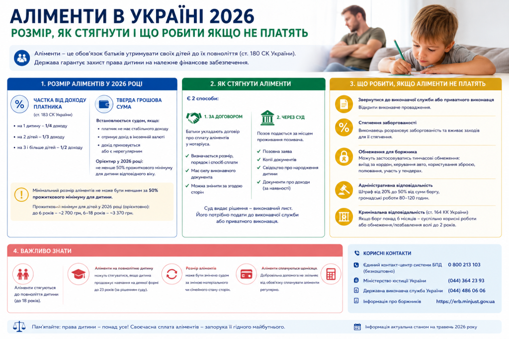 Інфографіка: розміри аліментів в Україні у 2026 році, способи стягнення через суд або договір та відповідальність за несплату