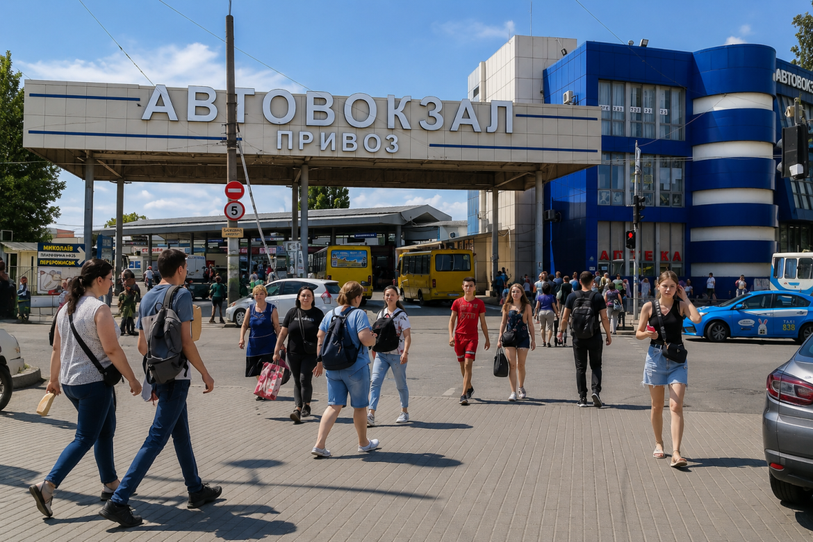 Вхід на автовокзал Привоз в Одесі з перехожими та жовтими маршрутками на задньому плані