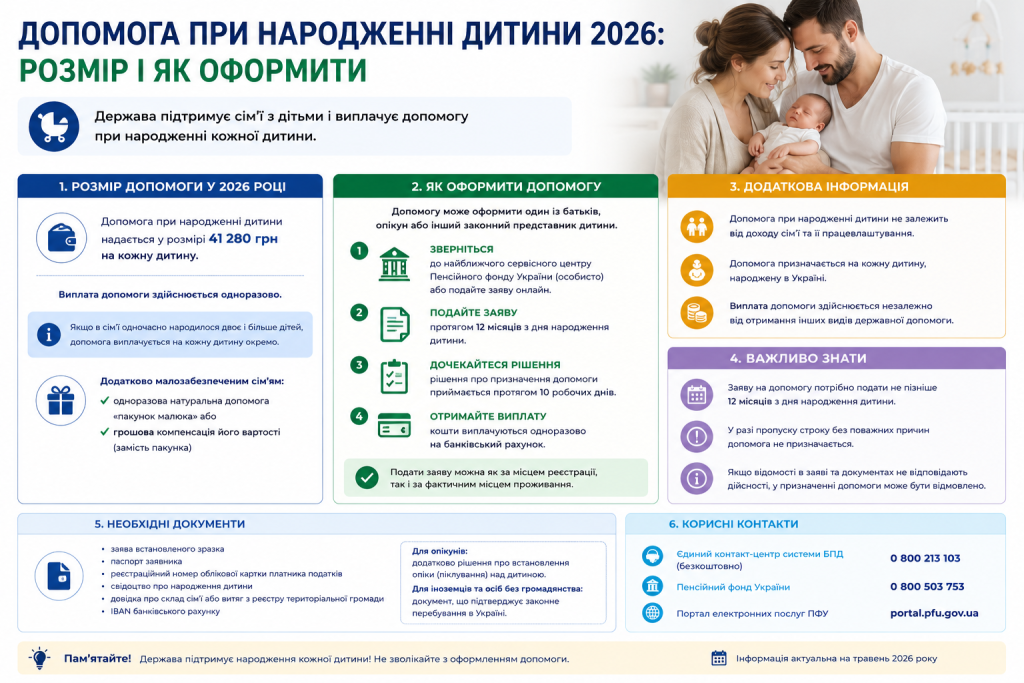 Інфографіка: розмір та порядок оформлення державної допомоги при народженні дитини в Україні у 2026 році через Пенсійний фонд або онлайн