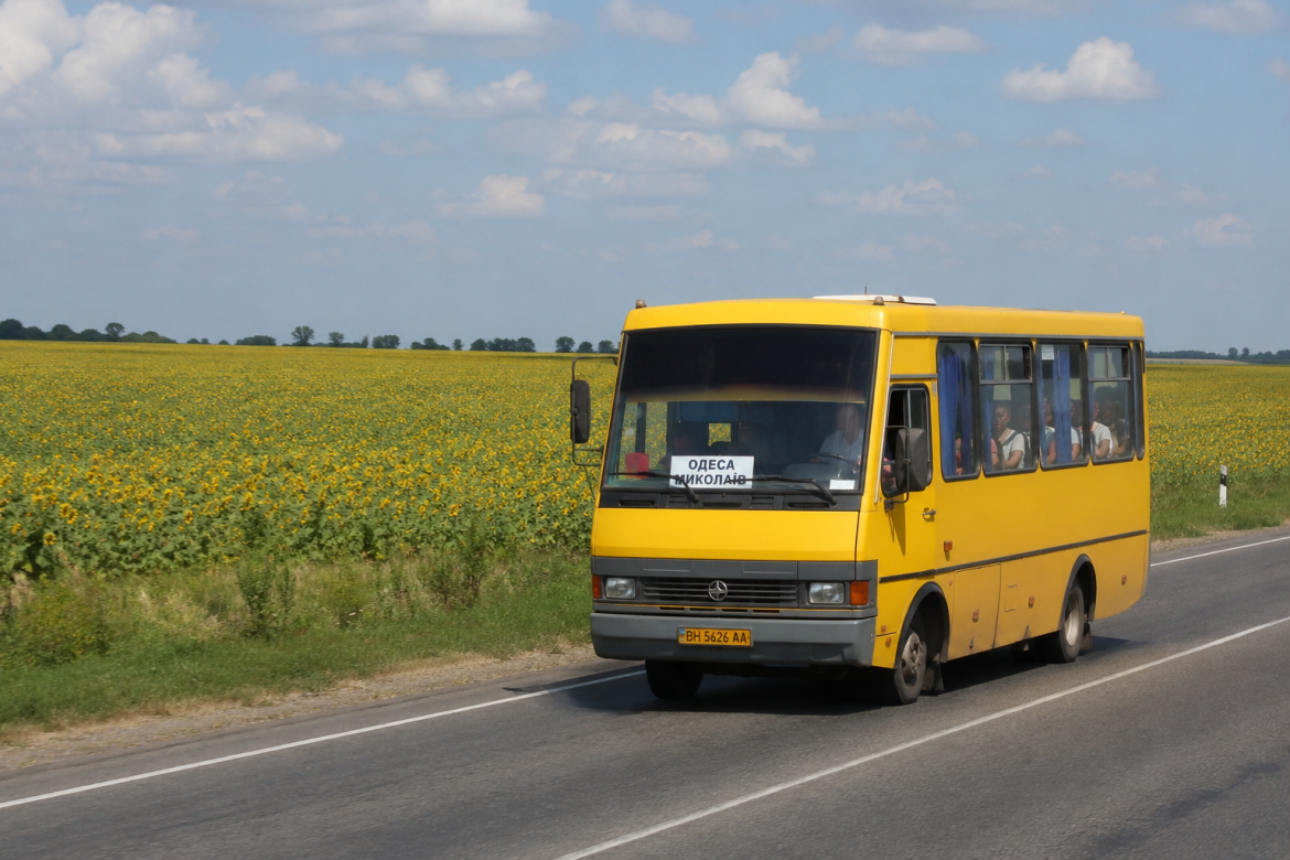 Жовта маршрутка з написом «Одеса — Миколаїв» на трасі М-14 серед соняшникових полів влітку