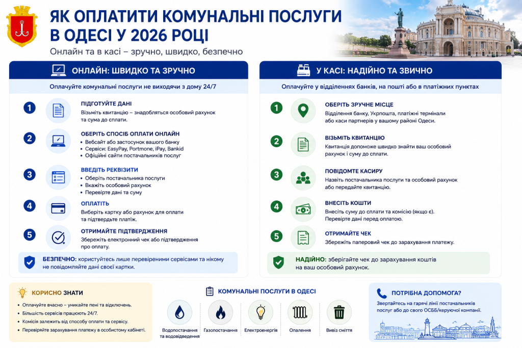Інфографіка: покрокова інструкція оплати комунальних послуг в Одесі онлайн та в касі у 2026 році