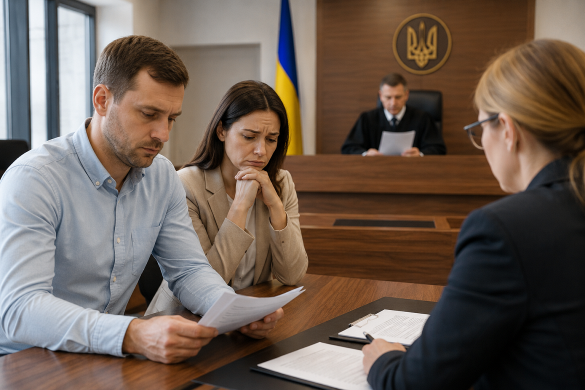 Чоловік і жінка переглядають документи під час судового засідання з розлучення в залі суду з українською символікою