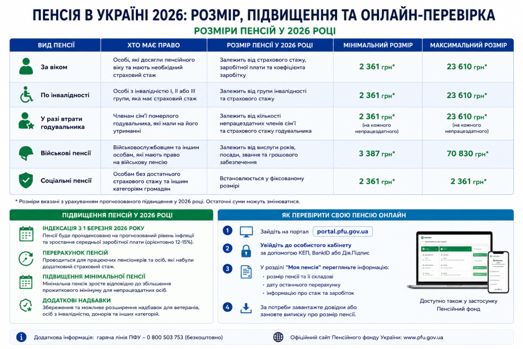Інфографіка: розміри різних видів пенсій в Україні у 2026 році, індексація з березня та інструкція перевірки пенсії онлайн на portal.pfu.gov.ua