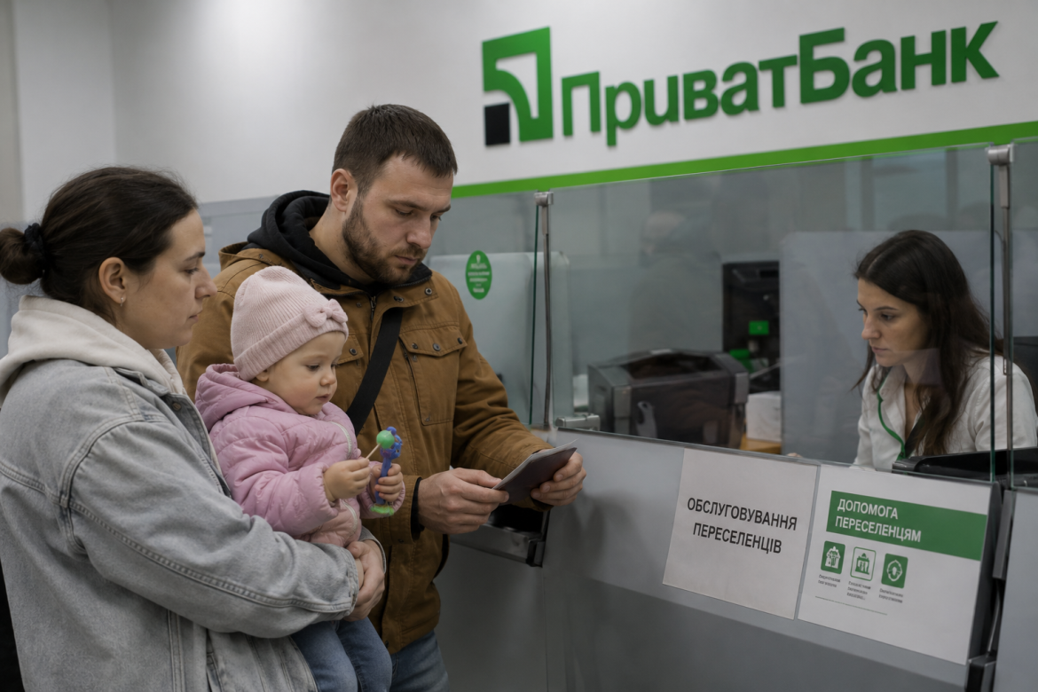 Молоде подружжя з маленькою дитиною звертається до касира на стійці обслуговування переселенців у відділенні ПриватБанку