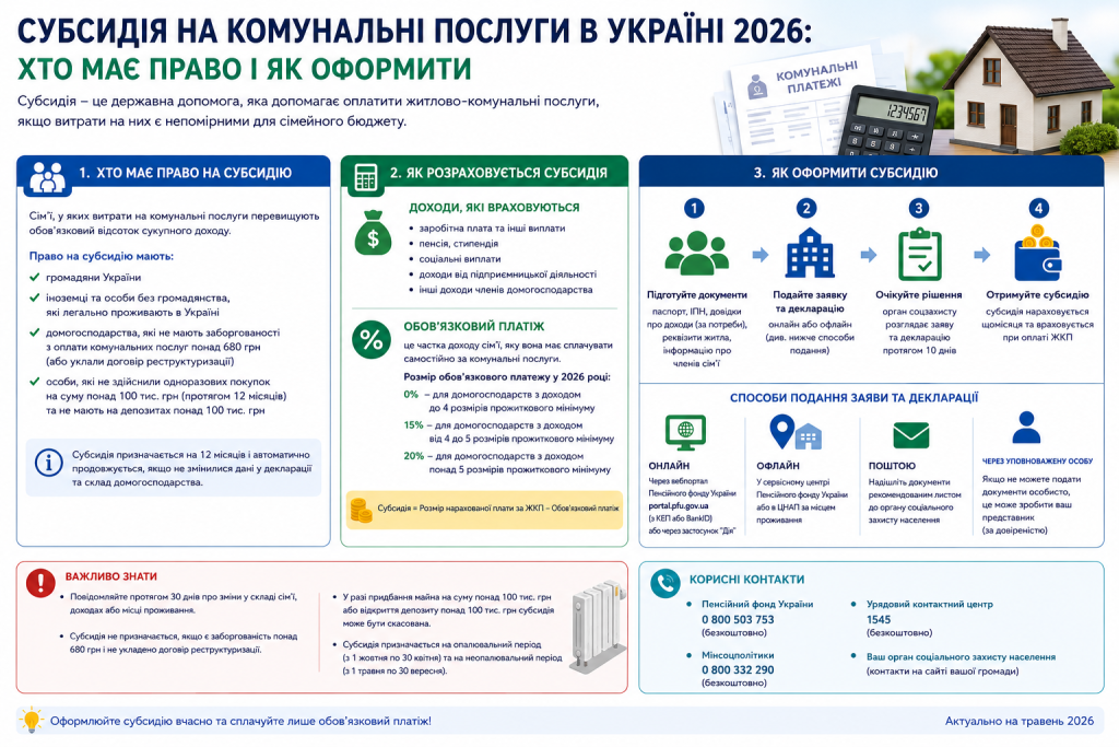 Інфографіка: умови отримання субсидії на ЖКП в Україні у 2026 році — розрахунок, способи подачі заяви та необхідні документи