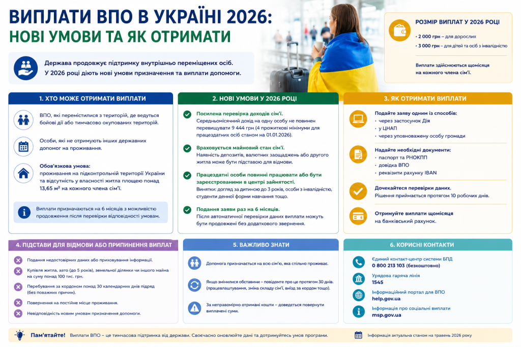 Інфографіка: умови та розміри щомісячних виплат для внутрішньо переміщених осіб в Україні у 2026 році — 2000 грн для дорослих і 3000 грн для дітей