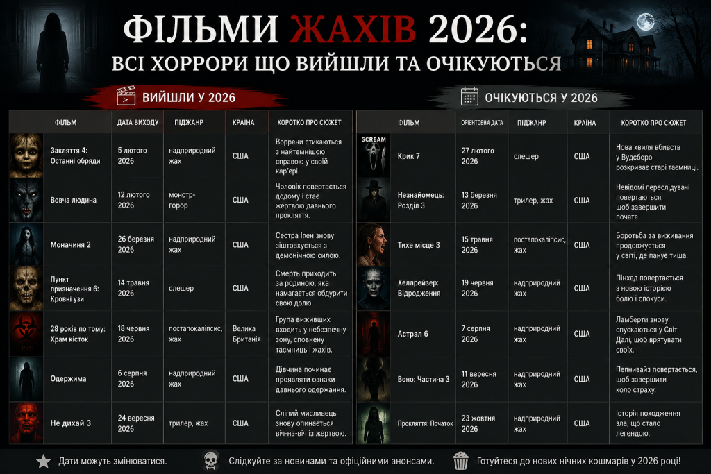 Таблиця з переліком фільмів жахів 2026 року з датами виходу, піджанрами та коротким описом сюжету