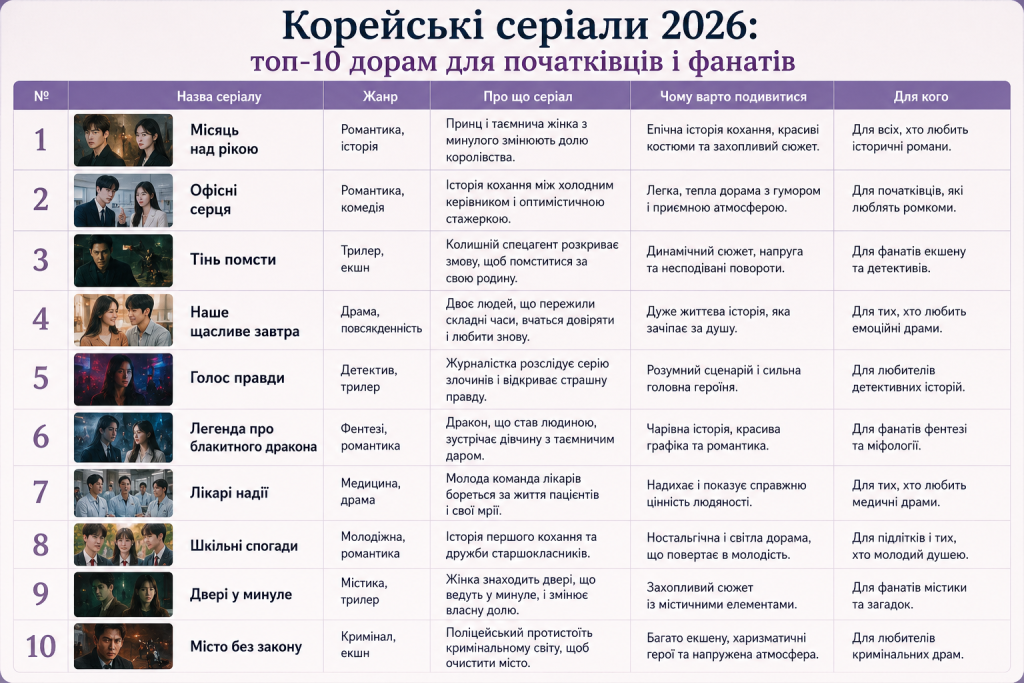Таблиця з топ-10 корейських серіалів 2026 року із жанрами, описом сюжету та рекомендаціями для перегляду