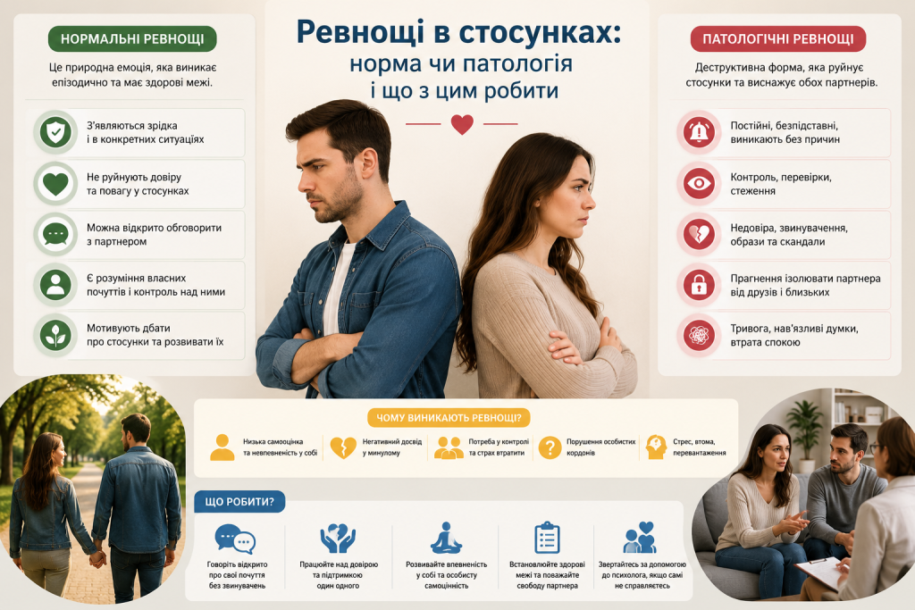 Інфографіка про відмінності нормальних і патологічних ревнощів, причини та поради щодо подолання