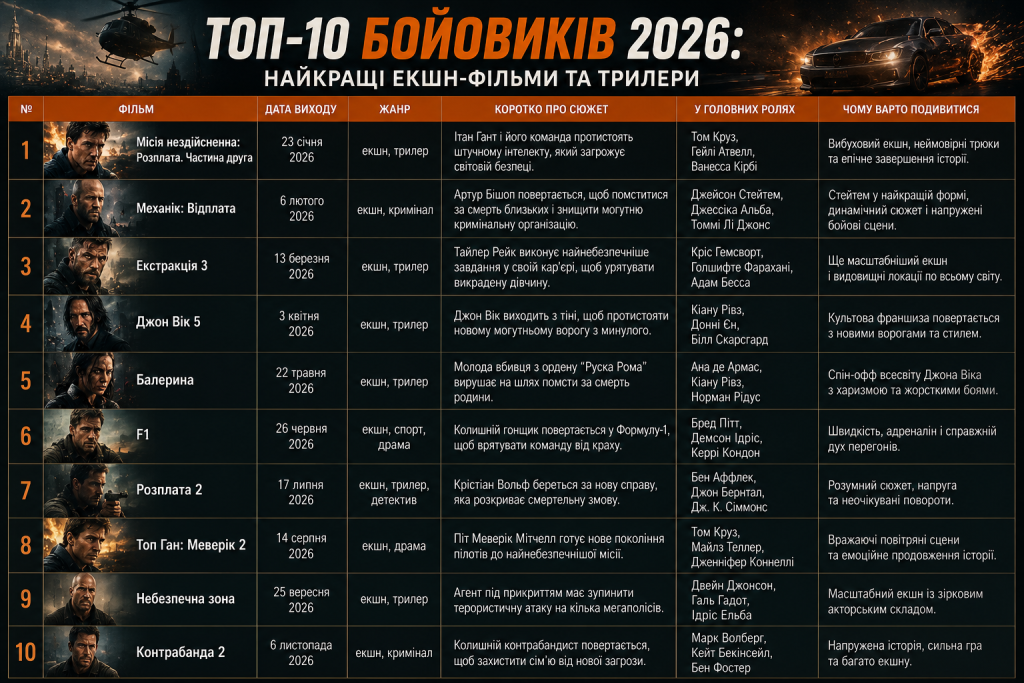 Таблиця з топ-10 бойовиків 2026 року з датами виходу, акторським складом та описом сюжету