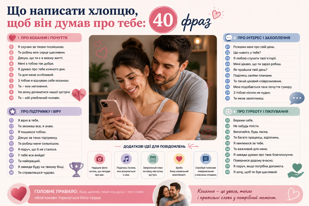 Інфографіка з 40 фразами для повідомлень хлопцю про кохання, підтримку, інтерес і турботу