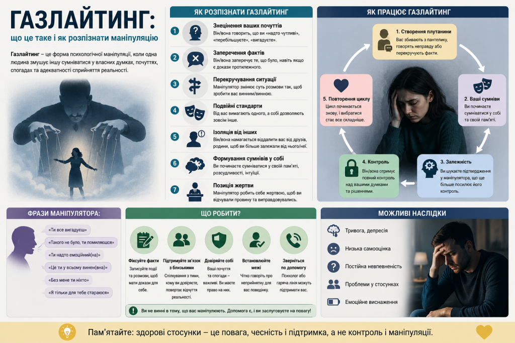 Інфографіка про ознаки газлайтингу, як він працює, фрази маніпулятора та можливі наслідки