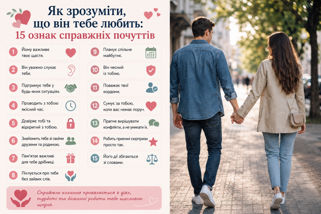 Інфографіка з 15 ознаками справжніх почуттів чоловіка та пара, яка тримається за руки на прогулянці